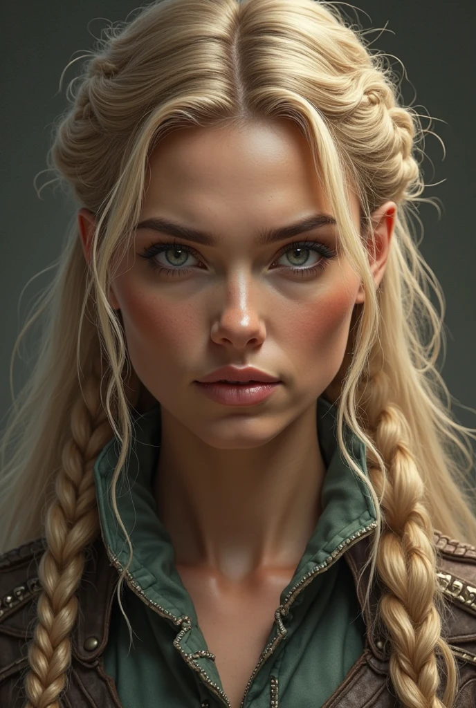 Soldat, blonde hair blonde woman braids with freckles turquoise green eyes a strangulation and strangler on head tights black fishnet combination, soleil vert, vert