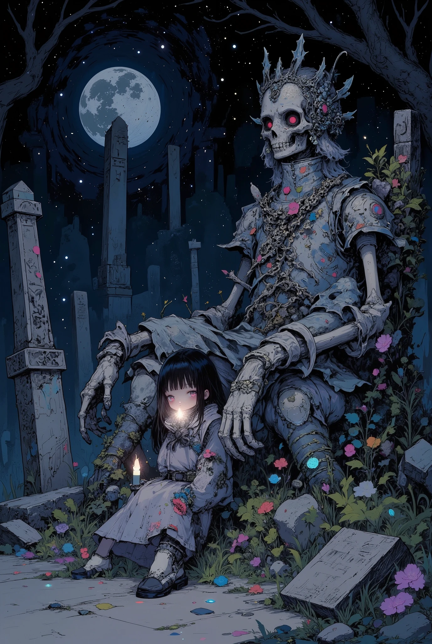 cinematic wide shot, a quiet night graveyard under a starry sky, a young girl with long black hair and a simple white dress sits beside a large ancient skeleton slumped against a moss-covered gravestone, the skeleton wears a broken rusted knight’s armor and a crown half-buried in ivy, the girl is lighting a candle with solemn eyes, faint blue fireflies float around them, moonlight casting silver shadows, background filled with misty tombstones and dark trees, emotional atmosphere, soft lighting with deep blues and purples, high detail, fantasy illustration, best quality,S1n0z1ck style