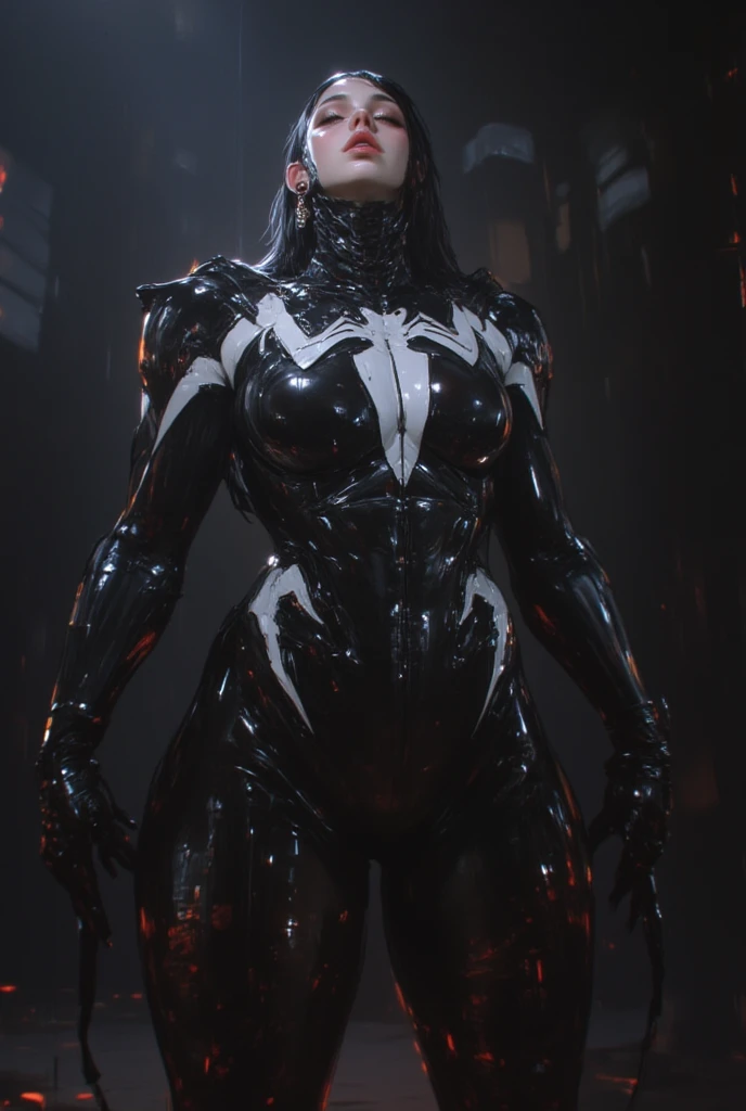 in a swirling liquid void, photorealistic sexy female venom marvel comics symbiote flowing liquid latex black alien goo,sleek feminine body, iconic sultry action standing pose ready for action, giger,