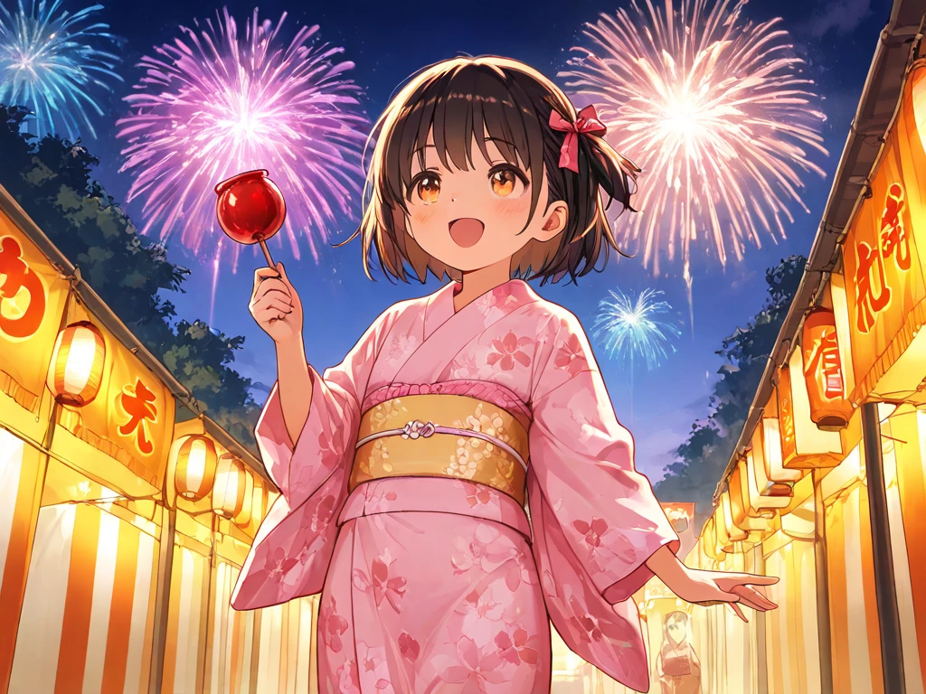 Looking at the camera,(((highest quality, 8k, masterpiece))), Sharp focus, (Beautiful woman with perfect figure), thin, (Hairstyle: superior)), ((kimono: Cane)), street: 1.2 非常に詳細な顔と肌の質感 詳細な目 double eyelid ランダムな姿勢, (smile),ssuperiorer cute Japan person,ssuperiorer beauty Japanese girl, Realistic Face, double eyelid,smile,Summer festival , At sunset , Beautiful Teeth , Fireworks Background.