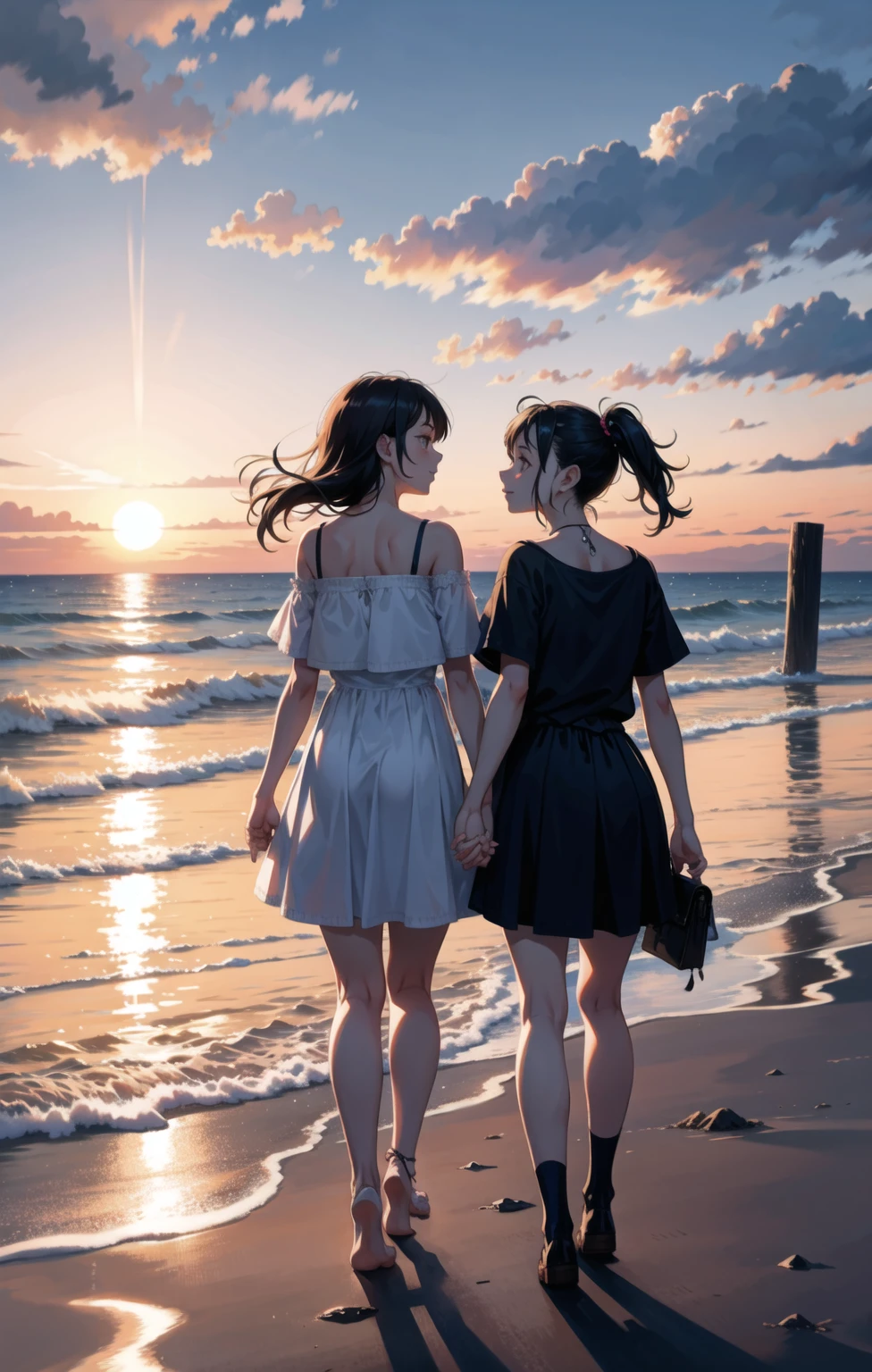 Two girls holding hands at sunset