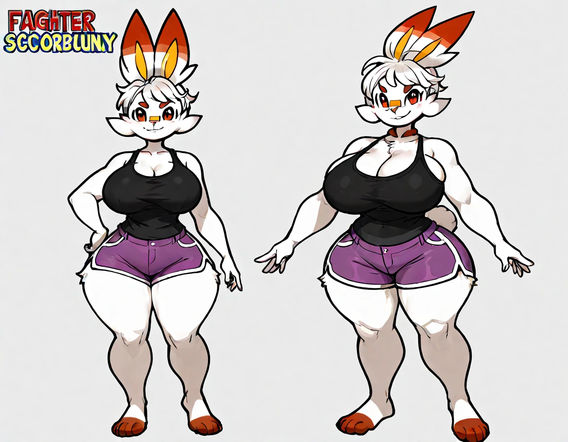 an anthromorphic female white rabbit, wearing short shorts, booty shorts, hot pants, barefoot, wearing a tight sports bra, sweaty, workout, standing up, multiple views, thick thighs, big butt, cleavage overflow, big tits, hourglass figure, character sheet, reference sheet