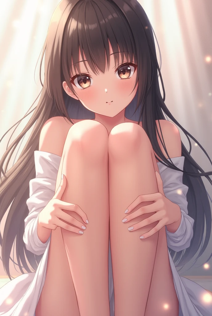 Make a naked anime girl sitting showing the soles of her feet 
