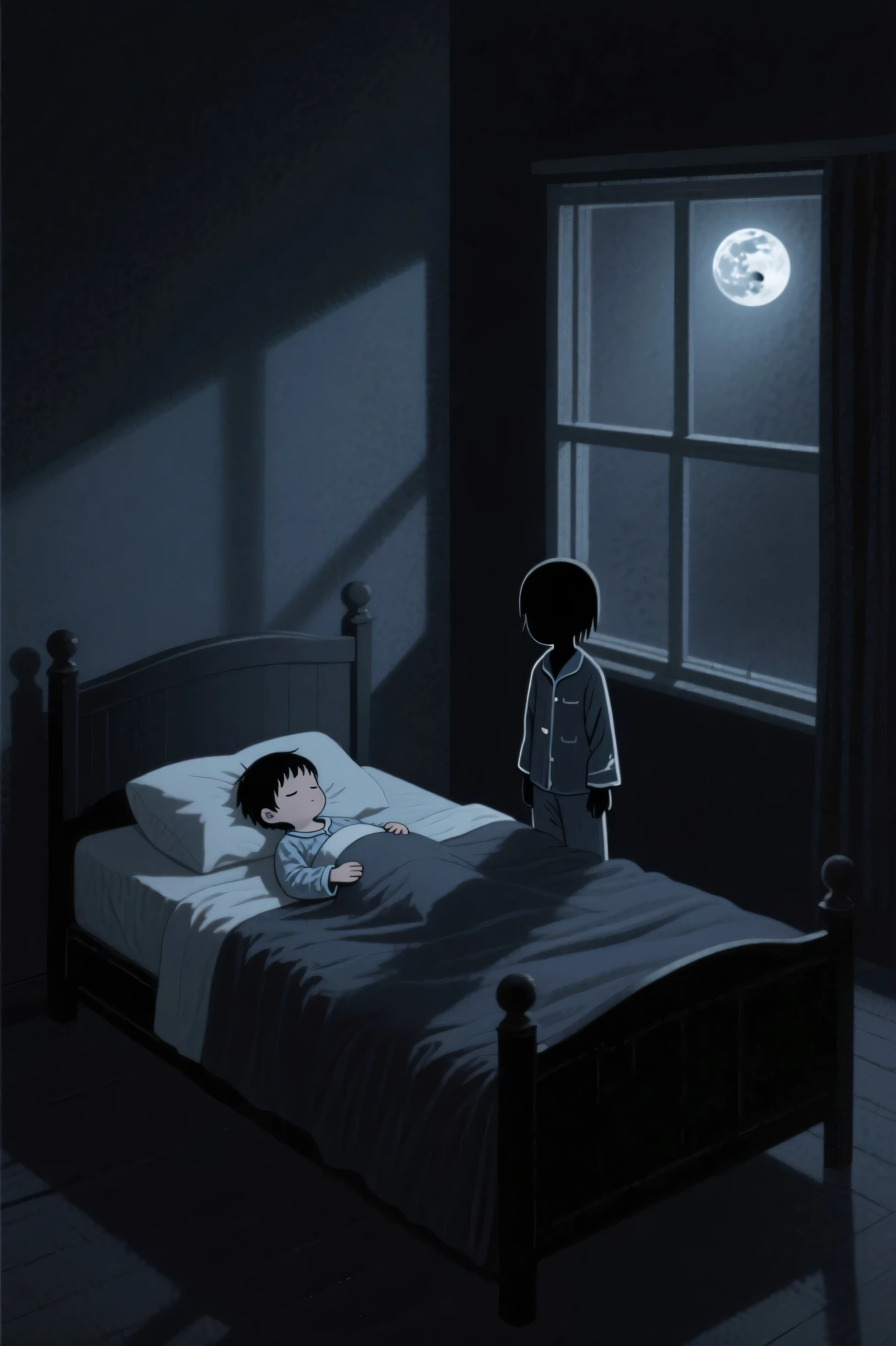 A boy is lying in his bed at night, he is covered except for his head, he has a serious expression and in his room there are several ghosts and monsters and there is a ghost boy his age sitting on top of him, right on his belly is where he is sitting, there is a small frame with the words Daniel Addams written on it, the image has to be in anime.