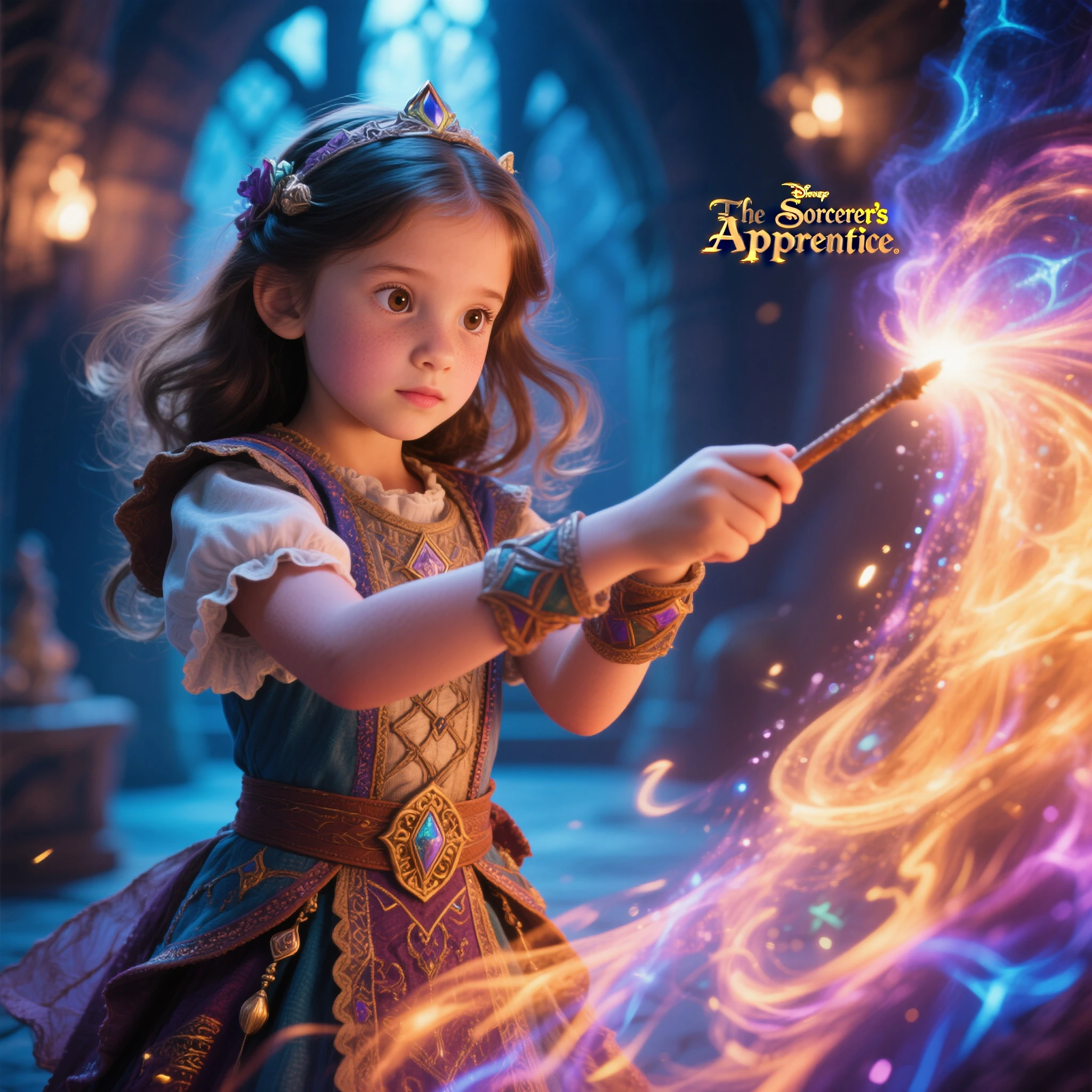A teenager with wide eyes of wonder, holding a glowing hourglass. Background of a mystical forest with a hidden cave entrance. Knights in shining armor and magical creatures in the background. Text overlay: "The Enchanted Hourglass - A Time-Traveling Magic Adventure"