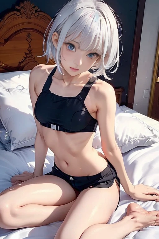 1 girl, (alone:1.2), ((masterpiece)), Slim, , pale skin, ((delicate eyes)), (bokeh effect), sweating,lie on the floor, white hair, short hair, bare shoulders, armpit, blush,shy, garden, thong,sports shoes,White over-the-knee stockings,Crowds of people,b cup,white girls sports bra,high resolution,Super detailed,marks of strangulation,Slim腿,lie on the floor,spread legs,Inner bare thighs
