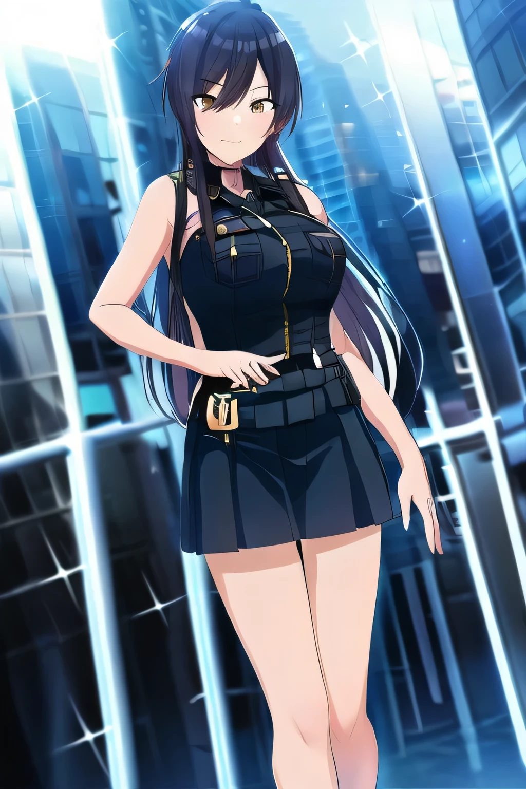 (long black hair),long black hairの女性、ponytail,sleeveless plain clothes,pleated miniskirt,a cop wearing a miniskirt,face is absolutely necessary,accurate depiction of hands and feet,cinematic lighting and ray tracing , cinematic lighting and ray tracing short-haired woman with red hair,a cop wearing a miniskirt,,Big breastsと更にBig breastsを描いてください,cinematic lighting and ray tracing マイクロミニスカート,sleeveless sweater,high heels, Attractive 20 Year Old Woman , city tour , , , Big breasts, Thin Waist , , ,face is absolutely necessary, accurate depiction of hands and feet ,