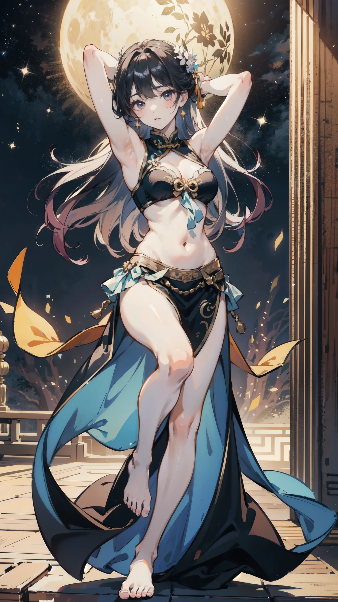 ((4k,masterpiece,best quality)), shuimobysim, Chinese painting, lotus, hanfu, maxiskit, dress open, swf 1girl, solo, long blue hair, smile, standing, feet in the water, barefoot,