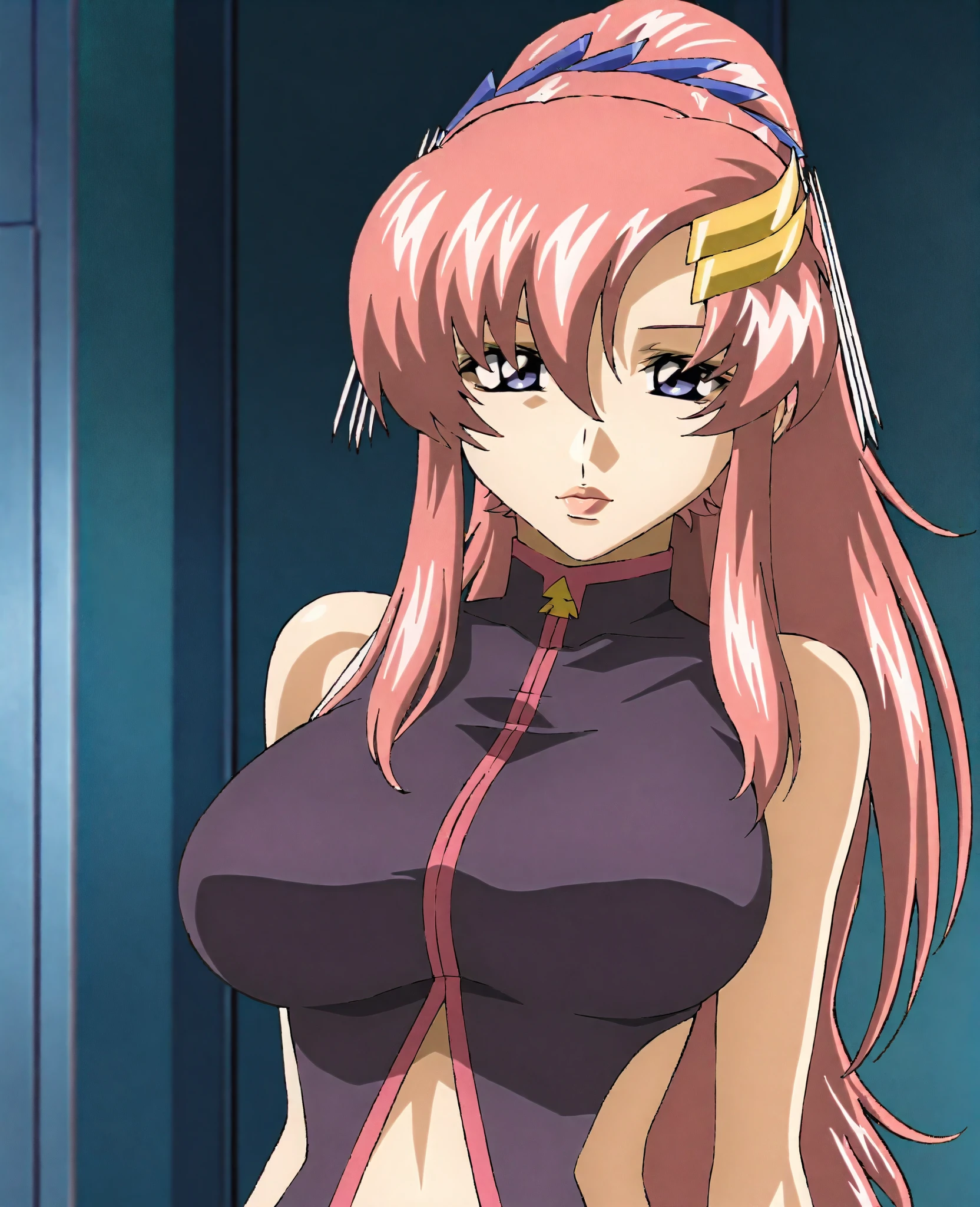 (masterpiece, 4K, Best Quality, Anime style: 1.9, bold drawing lines, High color saturation, Detailed face, tall, Adult Woman, lovely, (cloud background), Drawing lines, high resolution, Anime, lacus4), 1girl in, Solo, curvy figure, Long hair, 鎖骨, scapular, Wavy Hair, Detailed wide hair bangs, Hair Ornament, Detailed reddish-pink hair, cleavage, large hands, Big blue eyes, Smile, closed mouth, Very happy, ((closed fists)), (laughing, open mouth), ((medium breasts)), ((strapless wrestling leotard), (wrestling long boots), bare thighs, strong arms, biceps, rib lines, lip stick, ((lean forward)), legs, standing, (hands on knees), happy