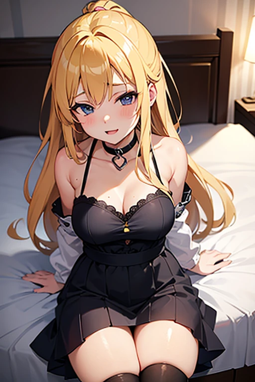 ((highest quality)), ((masterpiece)), (Become familiar with), Perfect Face,Light golden hair,Medium Long Hair,Down Bangs,Eyes without highlights,Desaturated crimson eyes,Drooping eyes,A sloppy, relaxed look,Black choker,tall,slender,Big Breasts,Off-the-shoulder knit,Black panties,Black Stockings,Black pumps,slender,19 years old,Leaning forward,Bedroom,