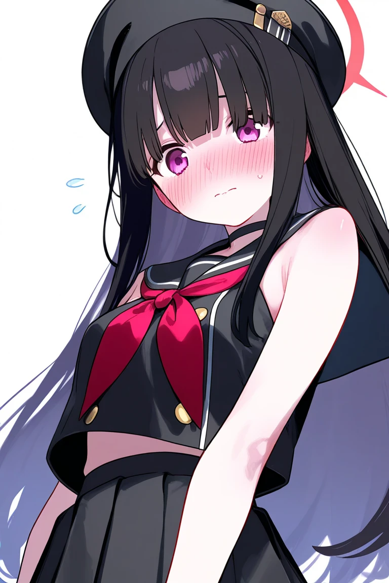 masterpiece, highest quality, super detailed, figure,1 girl, black dress, black Jacket, blush, chest, clothing clippings, dress, flying sweat drops, Hello, Jacket, Cocona, long sleeve, looking at the viewer, open your mouth, simple background, alone, Upper body, white background vagina