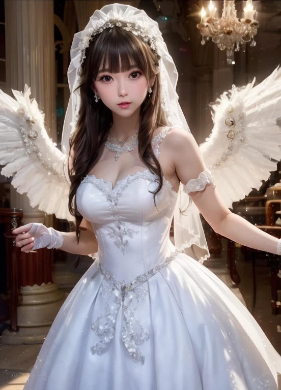 Superb Quality, Masterpiece, High Resolution, 1Girl, Blush, (Seductive Smile: 0.8), Star Pupil, brown eye, normal , perfect body shape ratio, bare face, body goals girl, ideal girl, perfect girl, she's my girlfriend、full body Esbian、perfect anatomy, detailed anatomy, A dark-haired, cute bangs, long straight dark hair, sweet smile, stunning face, good girl, idol, key of visual, gorgeous face, white veil, perfect veil, elegant diamond necklace, perfect necklace, white elegant dress, long sleeved white dress, a flower crown above her head((flower crown:2,4)), detailed flower crown, perfect dress, detailed dress, gloves covered by gold 24 carat, front view, full body looks, a pair of angel's wings, beautiful wings, perfect wings, detailed wings, perfect camera, HD quality, high picture quality、celestial palace background, 8K UHD, DSLR, Soft Light, High Quality, Volume Lighting, High Resolution, 4K, 8K, Background Bokeh