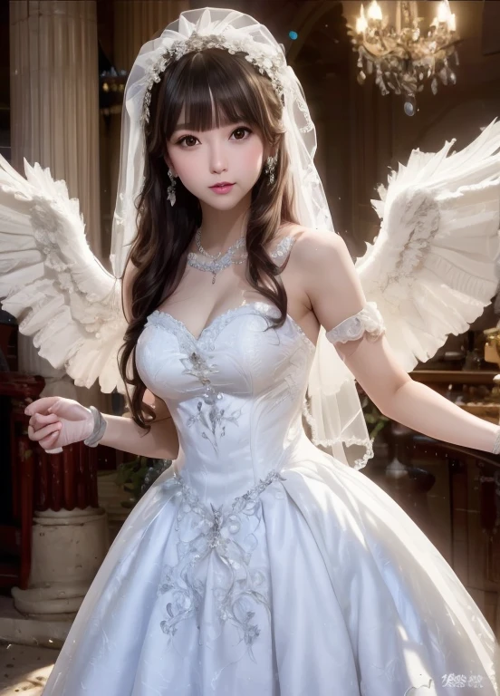 masterpiece, best quality, ultra-detail, illustration, close-up, full body, (topless), breast, (1girl), long grey hair, golden eyes, long hair, (halo), detailed cloud, detailed sky, angel wings, haughty expression, looking at the viewer, standing, luxurious dress, (sunshine, light beam, cinematic lighting), flying, hair ornament, jewelry, earings angel, (translucent white dress), smooth skin, lighting on face, wind