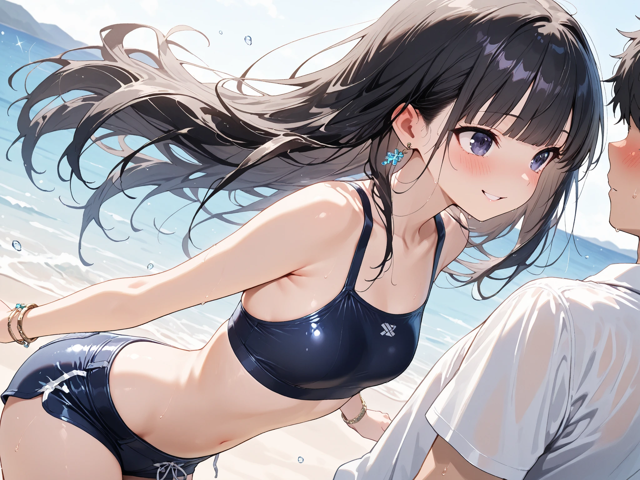 NSFW,masterpiece,Highest quality,High resolution,Super detailed,Yukinoshita Yukino\(My Youth Romantic Comedy is Wrong as Expected\),Black Hair,Long Hair,Light blue eyes,High quality sexy bikini,Halter neck,Small breasts,Embarrassed,blush,beach,Palm tree,Beach parasol,Beach House,(cheerful man),Pick up a girl,The man puts one hand on her waist and hugs her from the side