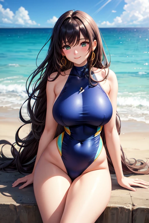 (((4K,masterpiece,best quality,ultra detailed,high resolution))),(daytime,clear weather,front light),((solo)),looking viewer,(beautiful girl),(age),(black hair,medium hair,natural wavy hair),(beautiful detailed face,beautiful detailed eyes),(finely detailed skin,fair skin),slender,light smile,shy,(swimsuits),(on the besutiful lake,beautiful sky),(arms behind back),(cowboy shot,from below), (gigantic breast,sagging breast),nipple