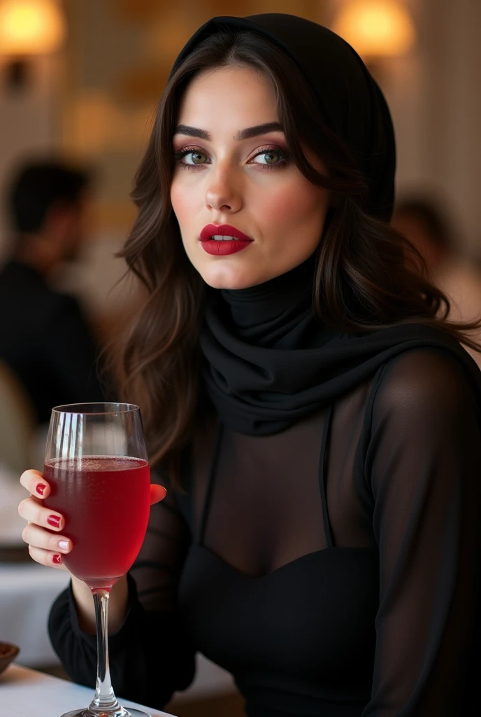 A close-up shot captures the elegant reflection of a beautiful Indonesian hijab woman from the Roaring 20s on the surface of a wine glass filled with red wine. Her face was decorated with glamorous finger waves and the glistening glow on her skin was perfectly reflected in the glass. The setting is an elegant dining table for two, with a luxurious red tablecloth, a single red rose, and a glass of dark red wine. This scene is primarily black and white, highlighting her red lipstick, bright red elements, and touches of gold on the tableware. The entire composition has a rich 3D effect and is rendered in 8K HD resolution, as if painted in fine acrylic, capturing the sophistication and appeal of the era.