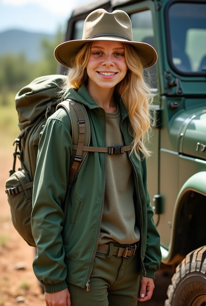 (medium full shot) of (energetic scout) young woman, arabian, tan skin, olive green eyes, Average build, medium blonde inverted bob hair, wearing clean scout jacket, cargo pants, sturdy shoes, backpack, set in lakeside with calm waters reflecting the sky, a wooden dock extending into the lake, canoes and kayaks lined up on the shore, picnic tables nearby, ducks swimming lazily, smiling, Masterpiece,best quality, photo, realistic, very aesthetic, detailed face,