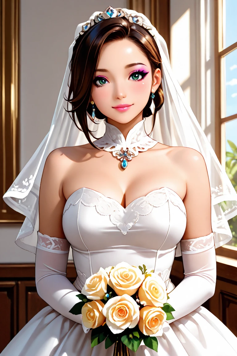 (1girl), ponytail, Extremely cute face, Amazing face and eyes, (Highly detailed eyes, Highly detailed face), fresh, Very clean appearance, (Hyper-realistic, hight resolution), (Best Quality:1.4), (hyper quality), Authentic skin texture, Raw photo, (Realistic, Photorealsitic:1.37), highly detailed, Professional Photography, (beautiful lace bridal dress:1.5), (lace bridal dress with open front), (cleavage:1.2), (Bare shoulders), Smile slightly, (Staring at me), luxury living room, girl portrait,