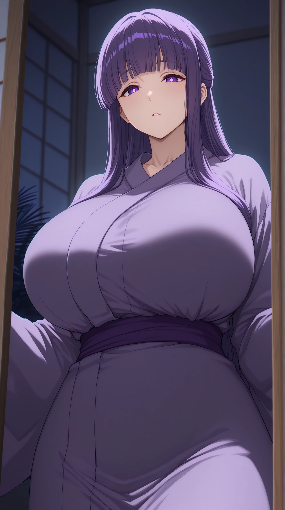 1 milf & 1guy, a milf sucking a man penis, sex scene, purple and slightly black hair, clothes off, cynical look, angry face, white background, erotic, full body