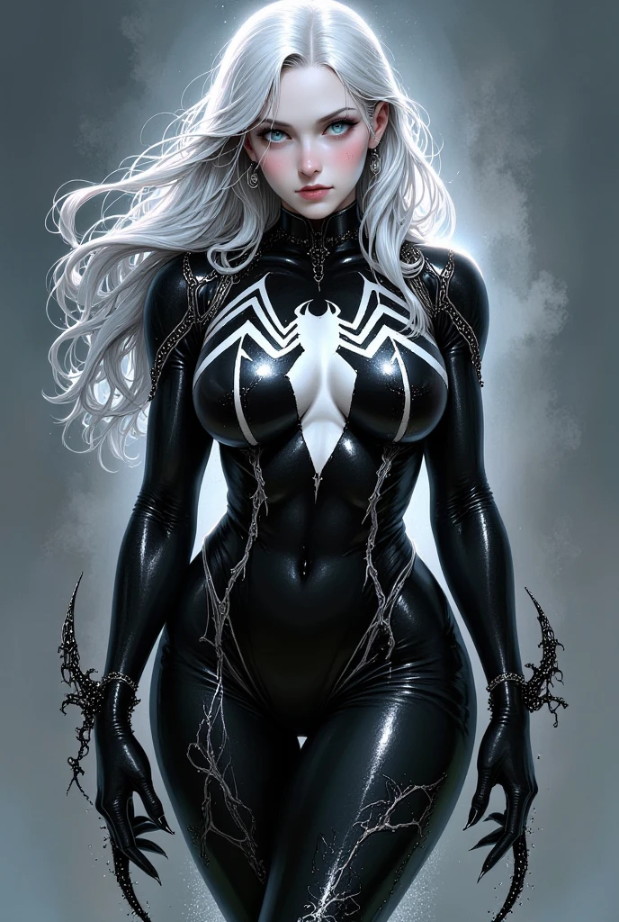 4K,realisticlying,Glamorous,The is very detailed,There is a girl in Dingcheng,Wearing a black Spider-Man costume,(Black and white:1.4) the night,symbiote,venomize,a large amount of mucus,she is a spiderman,Black superhero theme,In front of the sky,Flushed complexion,( Open legs, camel-toe,, Vulvar shape:1.3) ,(Hold the wrist of one hand,Place the wrist of the other hand in front of your abdomen),long white hair,25 age old,full bodyesbian