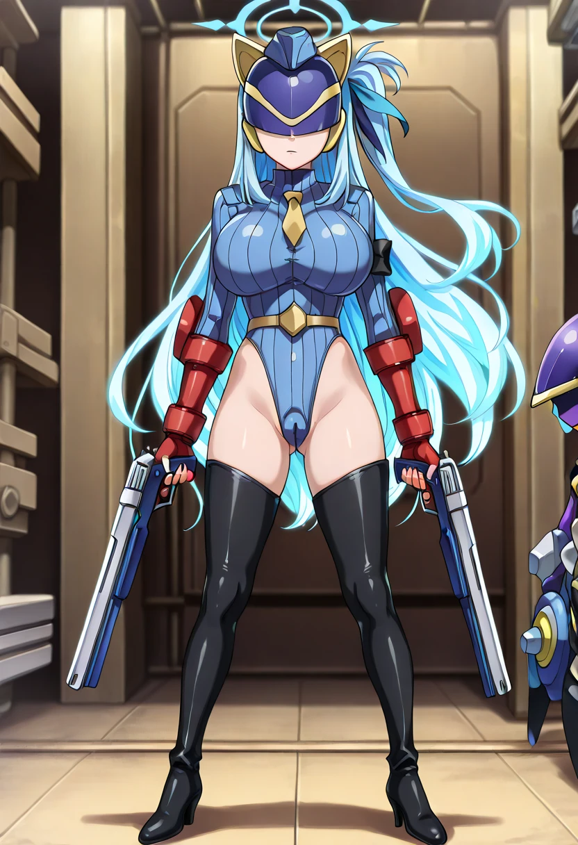 A woman with navy blue hair, yellow eyes, long white t-shirt, blue details on the t-shirt, brown tights, women's black shoes, large breasts, futuristic silver tiara on her head, walking on a futuristic shaped board, white marble floor, smiling.shadow, flower, UHD, masterpiece, accurate, anatomically correct, textured skin, super detail, high quality, best quality, 8k, high resolution, bokeh effect. (woman alone)