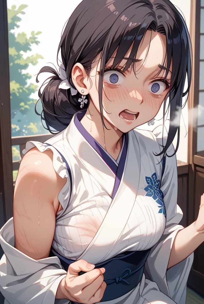 masterpiece, Highest quality, so beautiful, Absurd, Latest, One Girl, Unbuttoned kimono,No band,Small breasts,chest,Pussy,Sweat,Inn changing room, alone, shout, v eyebrows, Black Hair, View your audience, ponytail, Long Hair, sword, kimono, arms, Similarly, blush,hair ornaments, bangs, Shine