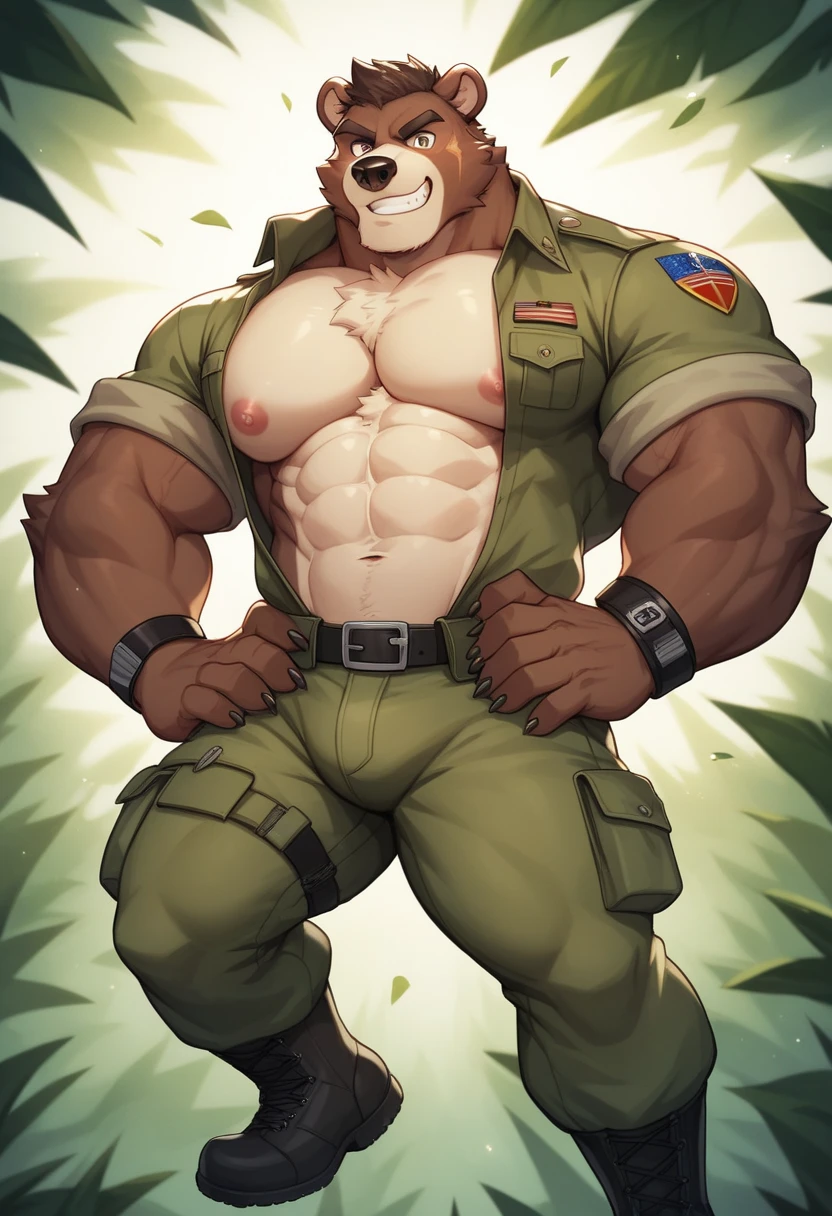 Solo, one man, full body depicted, male only, sexy, sensual, multiple firearms in the car, tropical jungle, large green armored car, long rabbit ears and rabbit tail with camouflage pattern), animal ears, intercom, goggles on head, black shoulder holster, black suspenders, heavy atmosphere, battlefield with smoke and bombing, guard the surroundings with a handgun, playboy bunny, (dark green cuffs on the wrists, dark green collar, striped bow tie with camouflage pattern, formal leather shoes of black color, camouflage socks, dark green gloves, bunny boy, mega muscle, hyper muscular, masculine appearance, mature male, beautiful light blue eyes, handsome, underwear only, shirtless, no pants, gigachad muscles, beautiful muscles, complex and elegant, Highly detailed digital painting, anime style art, art station, concept art, highest quality, masterpiece, ultra high definition, detailed background, realistic figure, muscular man, beard, muscle, volumetric lighting, depth of field, smooth and sharp focus, illustration, art, camouflage color striped pattern G string bikini, string bite, golden facial hair, trimmed hair, Golden hair, muscles, navel, muscle, male, gay, hyper muscle, male focus, muscle male, yaoi, muscle, buttocks, pectoral muscles, large pectoral muscles, thick quadriceps, thighs, wet body, heat and steam emanating from the body, sweating, drenched, crotch, big back, turning around, showing back, showing ass, upper class, shiny oiled skin, glittering oiled skin, tanned skin, foam ass, dog style,