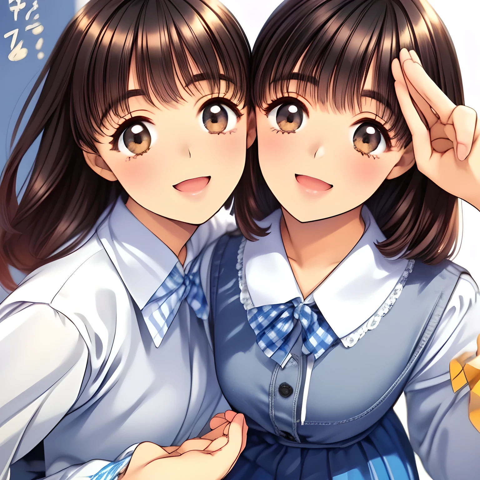 (highest quality, masterpiece:1.2), highest quality, High resolution, 1080p, 8K, (My beautiful pretty girl friend is (walking beside me), turning to me, looking me up, hypnotizing me by neat beauty, ((laughing at me)), (love-story comic heroines), (intelligent and perfectly balanced slender style), feeling too funny, amazingly neat & clean, in peace and neat lovely strong charm, cutely tilted head), (Too noble beautiful lady like a love-story comic heroine), (laughing like watching a comedy), A very lovely, very noble, pretty and pure beautiful girl. ((Bursting out Laughing very elegantly)), ((white grown face)), Using expensive whitening cosmetics by cosmetics artist: 1.2), (pamper and spoil you: 2.0), (curled) bangs, (Too beautiful blue fascinating shiny (double-lidded) (brown eyes) with love to the viewer, ((deep upper girly eyelid)), ((huge eye pupils)), laughing with detailed clearly: 1.5), (Dark blue vest school uniform, (Neat smart (white school frilled blouse))): 1.8), (A very neat, ((realistic), (dark-blue) pleated blue school (beautifully checkered) skirt): 1.6), (too pretty shiny big (red realistic school ribbon tie)): 1.5), (Shiny love-story heroine lips, extremely laughing open mouth: 1.0), ((amazingly beautiful black hair: 1.5)), (Tight waist, slender: 1.5), (The background is (plain black space) to emphasize their fascination: 1.8), (The lady knows well about the viewer's love for her school uniforms, and satisfies it completely as the viewer's desire: 1.7), (Everything is organized to have strong effect to spoil the viewer to fall into happy dream with many pampering girls: 1.5), (The viewer must be transferred to the world of the beautiful girls right now: 1.5), (take a (side shot) of walking beauty beside me turning to me: 2), (morinana is emerging up into the real from the picture, giving luck and pleasure to the viewer: 2.0)