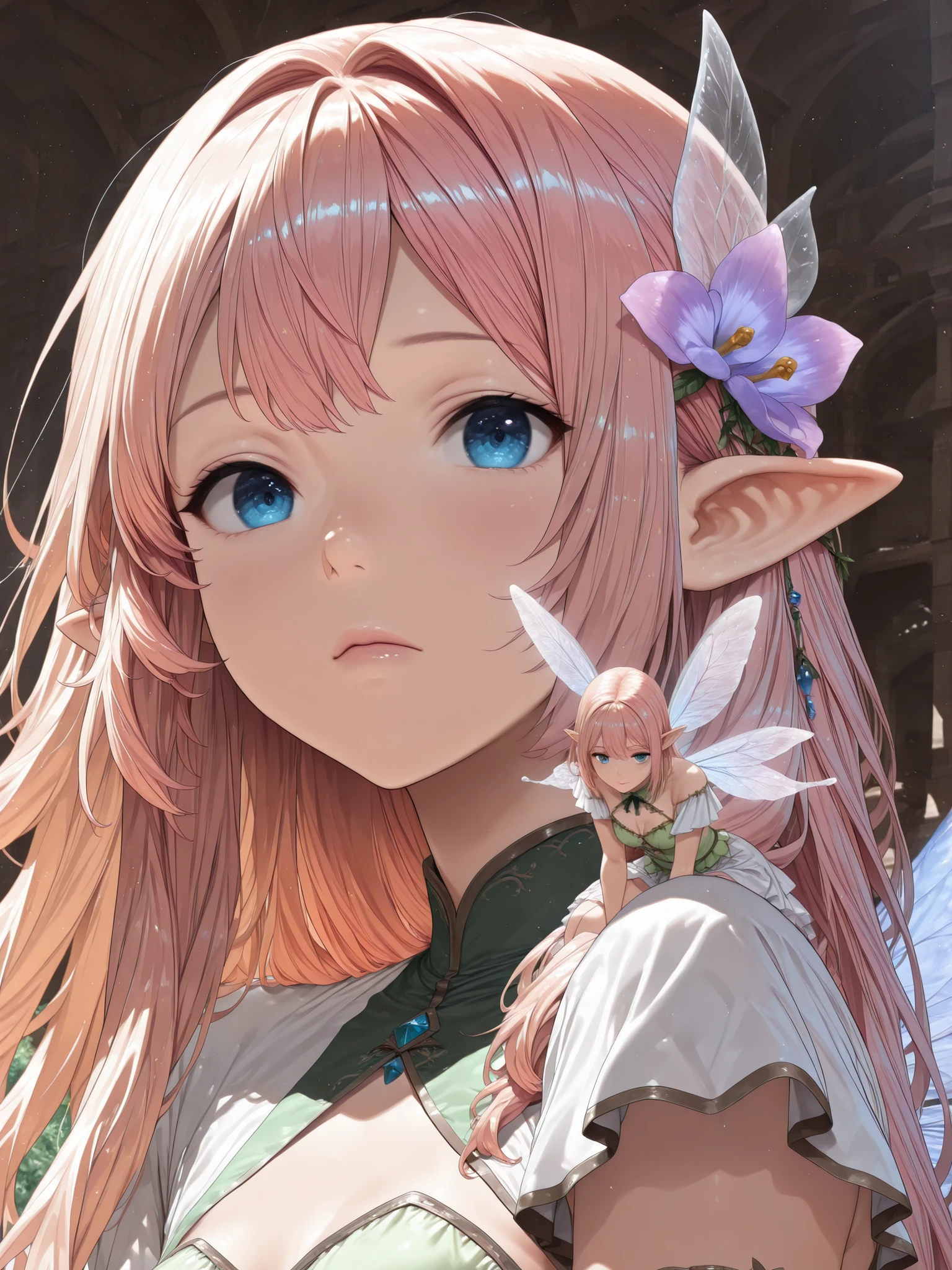 cinematic, (masterpiece), (best quality), (ultra-detailed), very aesthetic, illustration, realistic illustration, perfect composition, intricate details, absurdres, detailed face, (anime, masterpiece, intricate:1.3), (best quality, hires textures, high detail:1.2), (4k),(incredibly detailed:1.4),detailed eyes, iris,realistic shadow,,2girl,Elf ,Translucent winged fairy,game cg