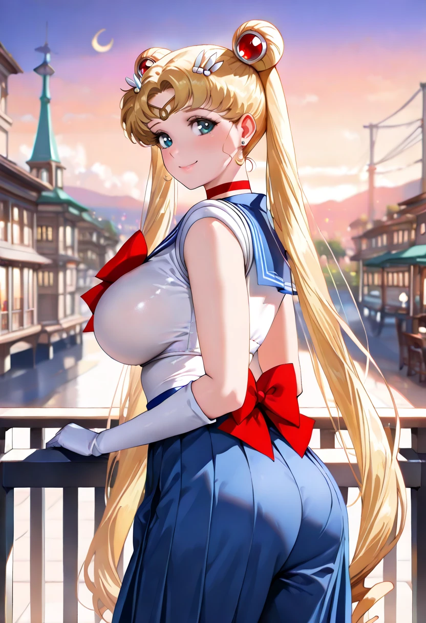masterpiece, best quality, highres, sv1, sailor senshi uniform, elbow gloves, tiara, red bow, orange choker, orange sailor collar, white gloves, jewelry, white leotard, outdoors, street, cowboy shot, ass, from behind, perfect face, perfect eyes, lips, blush, large breasts