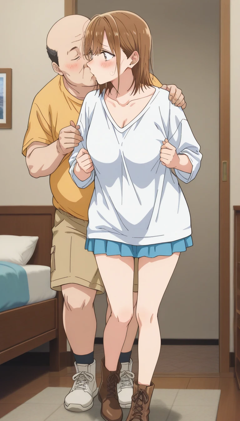 Huge breast anime woman in huge bloated diaper, expanding diaper, diaper squished, lust face, enjoyment, orgasm, massive diaper sagging down to floor, kissing another woman, blushing, growing diaper load