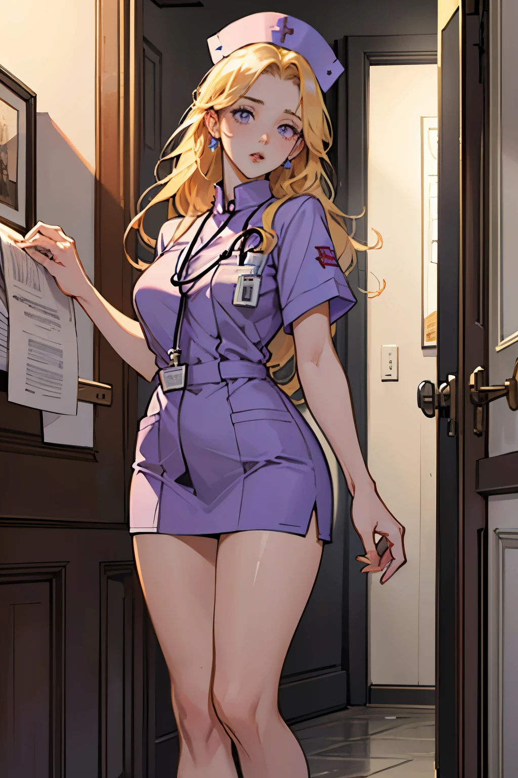 ((masterpiece, best quality, high quality)),1girl, (lower body, hospital), <lora:Cleavage_nurse:0.6> (cleavage nurse, cleavage, nurse cap, nurse, stethoscope, cleavage cutout), <lora:Kimiko Shimoto:0.7> (kimiko shimoto, 3dcg_09, 1girl, solo, long hair, bangs, blonde hair, purple eyes, jewelry, large breasts),