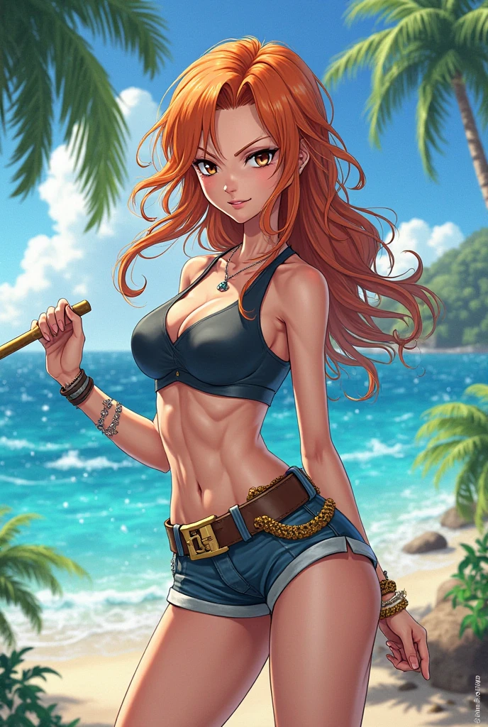 (((masterpiece+best quality+high resolution+ultra-detailed))), 1girl with clima-tact, Nami sharp tough looking to the right, long silky orange hair, high nose, sharp eyes, noble and inviolable temperament, (([female]: 1.2 + [beauty]: 1.2 + orange long hair: 1.2)), no background just white, gold bracelets, revealing green and white bikini halter top, tight low-rider jeans, shoulder tattoo, bright eyes, dynamic angle and posture.