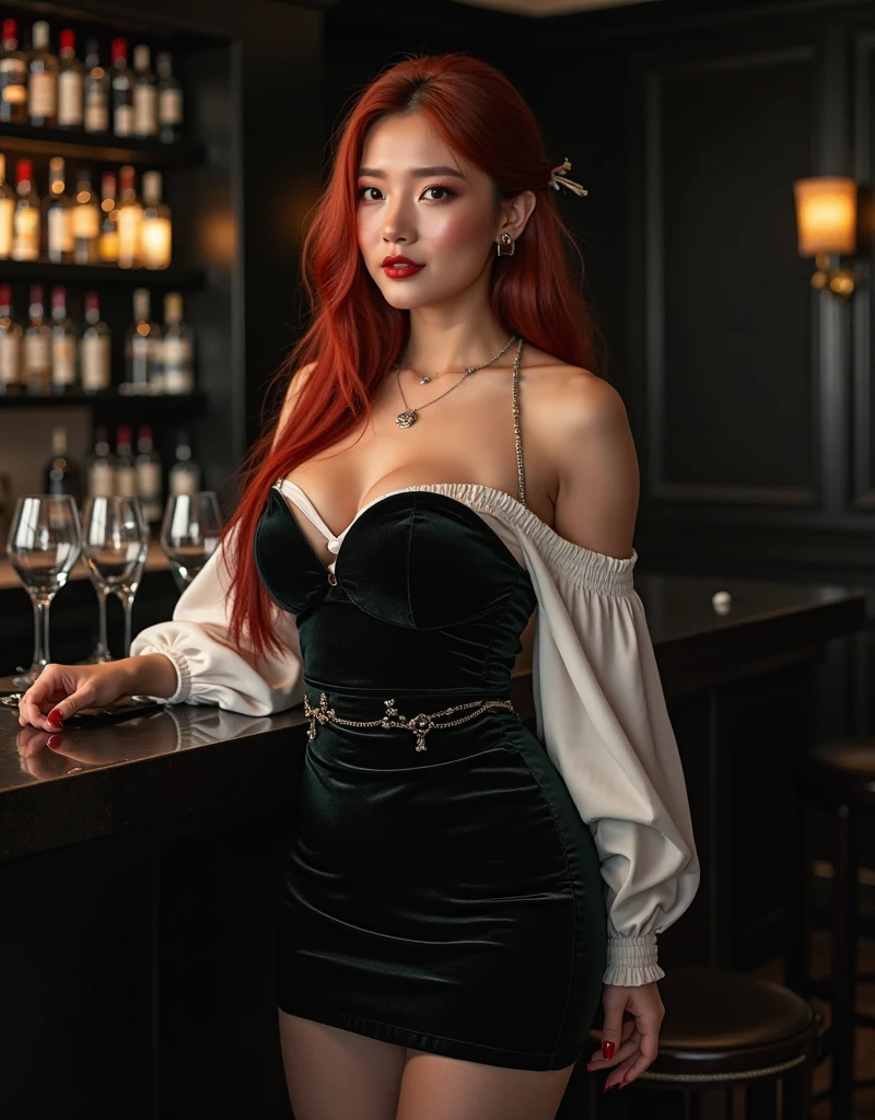 Arafed woman holding a glass of wine in front of a typewriter., escote, ella sostiene una copa de vino, promotion still, ella lleva una camiseta sin mangas negra, imagen promocional, hada ellie bamber, foto promocional, jodie bateman, cait miers, Amy Pond, ella es pelirroja, shallan davar, ella tiene el cabello rojo, su guardarropa es atractivo