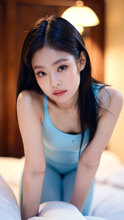 Teenager girl,(8k, Best Quality, Masterpiece:1.2), (Realistic, Photorealistic:1.37), Ultra Detail, 1 Girl,Cute,Solo,laying on a bed,Date,(Blush),(Smile:1.15),(Closed Mouth)Small Breasts,Beautiful Detailed Eyes,(Long Hair: 1.2),Floating Hair NovaFrogStyle, Upper Body, Tank Top،full body shot