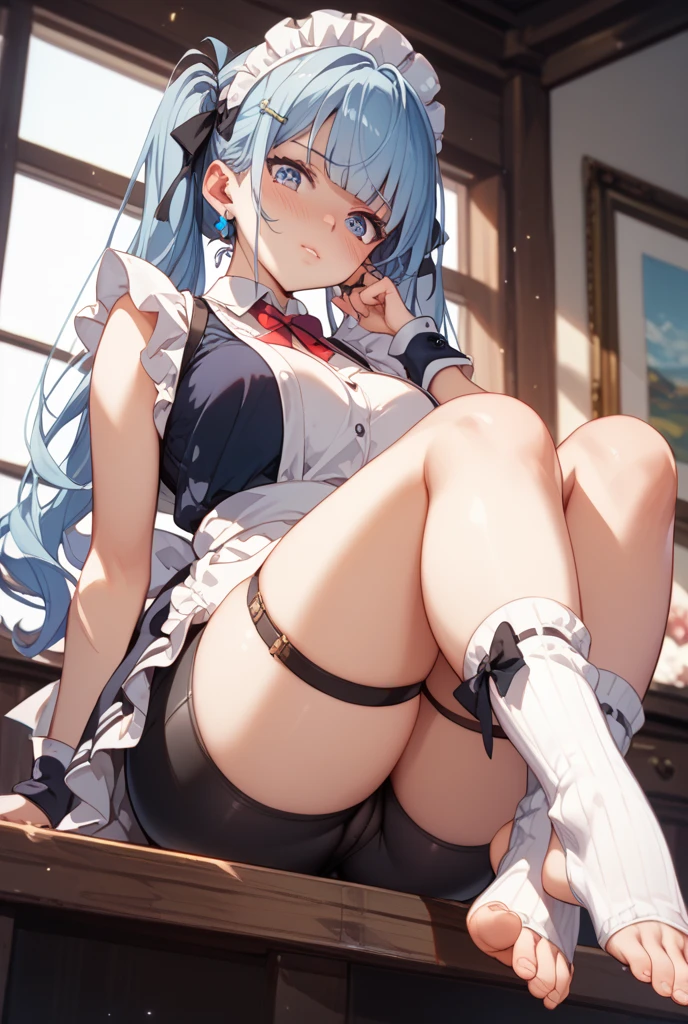（（ best quality， 12k， masterpiece ：2））， Beautiful woman with perfect figure ：70.2，slim abs ：12，huge breasts：70，Leg lines：3，Body high：720 cm，头发The long度：700 cm，huge ass，Thick thighs,Big breasts and thin waist，high socks，light blue hair，头发The long得离谱，Cat ear，black socks，The long，Blue eyes smile，The long腿，（（round frame glasses，Uniforms，Sailor suit，pleated skirt，Red bow）），Glowing blue eyes，sitting in a tall building，City，floor，balcony