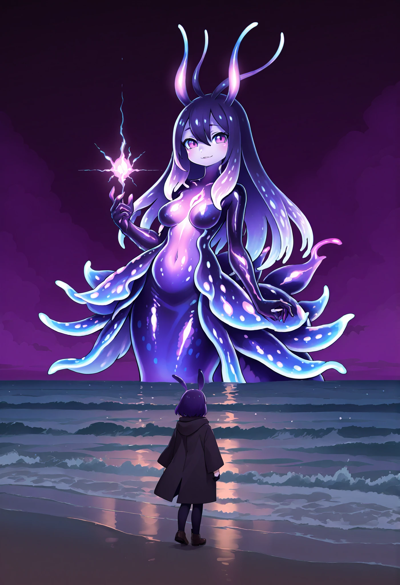 Sea slug girl. Antenna. Black and purple image colors. Female kemono style. Deformed character. A glowing core in the chest. monstrous arms. tiny legs. finned tail. Glowing tentacles. Bioluminescence. Glowing spines. In the fog.