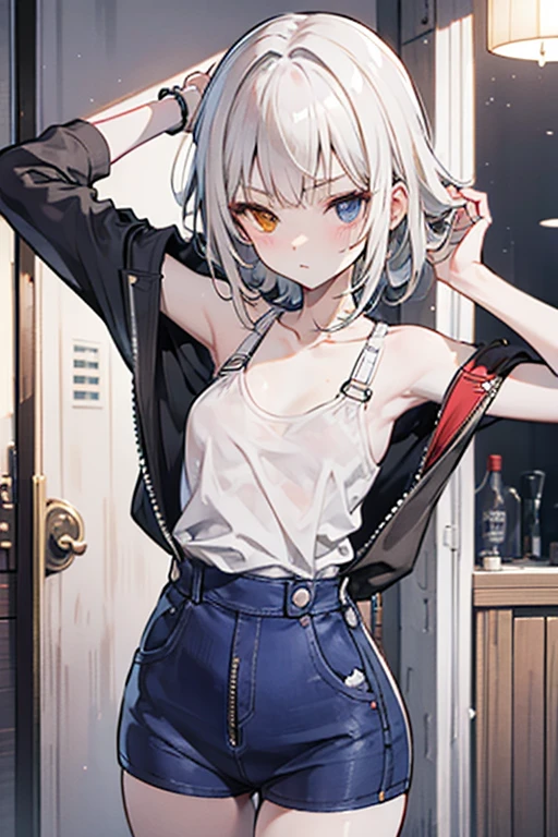 Makima \(Chainsaw Man\), best quality, ultra detailed, 1girl, solo, standing, white hair, short hair, bangs, medium breasts, masterpiece, yandere, casual clothes, upper body, red eyes, good anatomy, (masterpiece), geek room background, does not look at the viewer, night, inside a bar, young clothes, baggy clothes, teenage clothes, skateboarder's clothes, perfect anatomy, tired features, Looking to the side
