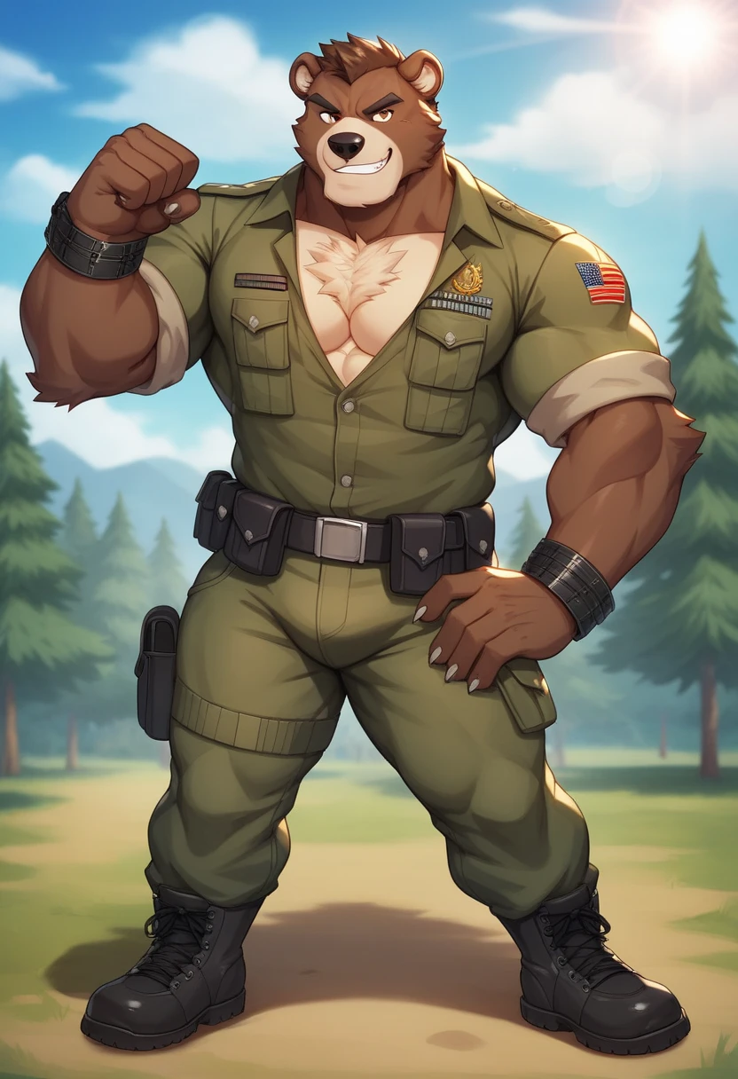By dangpa, By daveoverlord, by kuulongarl, by takemoto, by kusunagi grizzly bear, muscular, topless, military, planes, huge pec, pectoral, large , black tank top, black gym shorts, black wristbands, black gym shoes, dog tag necklace, smoking cigar, wearing black sun glasses, attractive guy, 8k furry art
