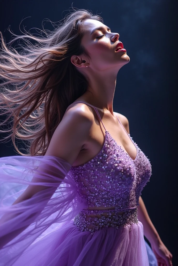 A brunette woman with red eyes levitating, She has long hair and wears a purple, sleeveless, turtleneck dress.
