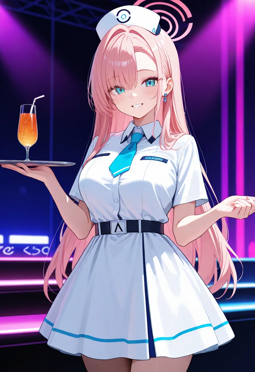 (masutepiece: 1.3), (max resolution: 1.2), (Ultra HDTV: 1.2), cinema lite, Ultra HDTV, (Detailed eyes and skin), (detailed facial features), 8K resolution, Sharp Focus: 1.2, Perfect Style, Beautiful Face, accurate, Anatomically correct, Highly detailed face and skin texture, Detailed eyes, Dark-blue eyes, Double eyelids, Thin eyebrows, (dropped eyes:0.65), (Glitter Eyeliner:1.2), Natural cheeks, Glossy skin, (Fair skin:1.2), shiny necklace and earrings, (Glossy lips: 1.4), BREAK, absurderes, One-person viewpoint, (She is Very Cute nightclub staff), (Wearing a White short-sleeved polo shirt:1.3), BREAK, (pleated mini skirt of Gray:1.2), ((showing a little string panties:1.2)), (high heels), BREAK, (shy smile:1.2), ((18 years old, Very Cute and neat girl:1.3)), (high-ponytail hairstyle, Wavy Hair), ((Gold hair:1.4)), Medium Long Hair, (Cowboy shot: 1.2), (Focus on Face), ((Present a business card to the viewer:1.6)), ((inside the bar counter)), (medium large breasts:1.2), ((In the super erotic nightclub:1.4)), BREAK, ((Pink neon lights:1.2)), (((dim lighting:1.3))),