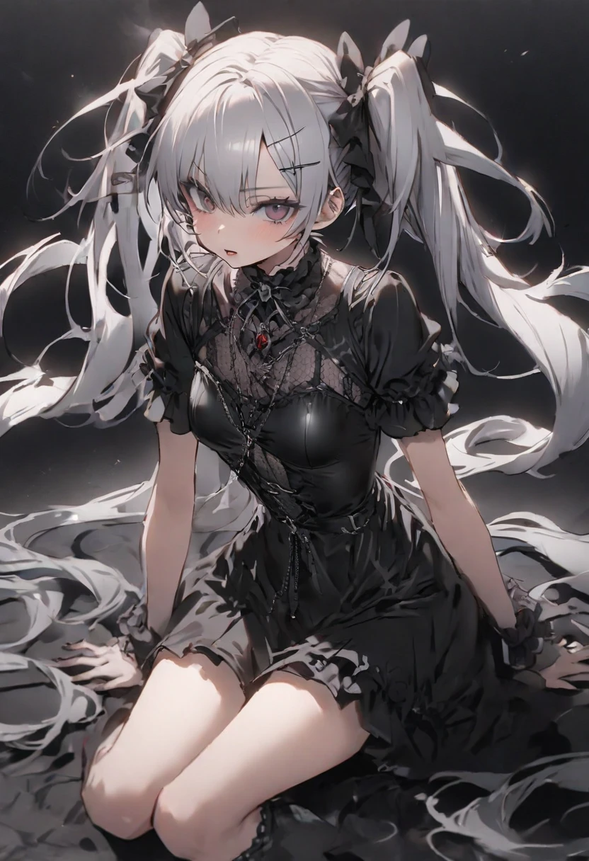 （（masterpiece：1.4，highest quality））+，（Hyper Detail）+，（Detailed eyes：1.5）+，（Gray beret：1.5），（Cute Girls），（Grey Eyes：1.5），Light green hair color，Short Hair Details，Long braids，（wariza：1.2），Pale-skinned，A seductive smile，black crystal block，Red crystals on the forehead，（Blue Shirt：1.5），（Black Ribbon，White Stockings，Red dress：1.4），Dense teeth，Metal Chain，Calendula，Silk gloves，dining room，Pull up your skirt and spin it around，（Stylish girl：1.1），（Dawn Light：1.2），），（Cleavage close-up：1.1），(Elevation Perspective:1.3)