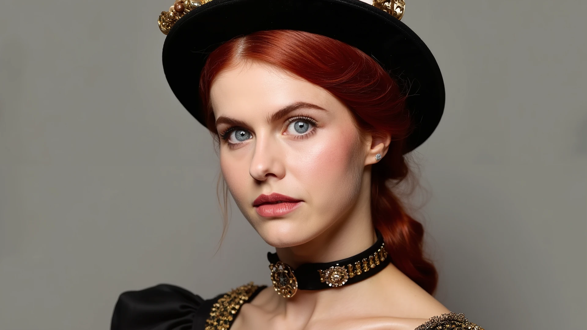 Create a photorealistic portrait of a stunningly beautiful red haired woman posing in a professional photo studio. She should be dressed in an intricately detailed steampunk outfit that highlights her beauty. The background should be plain to emphasize her and the outfit's details. The lighting should be soft and flattering, enhancing the textures and colors of the steampunk attire while capturing her captivating features.
