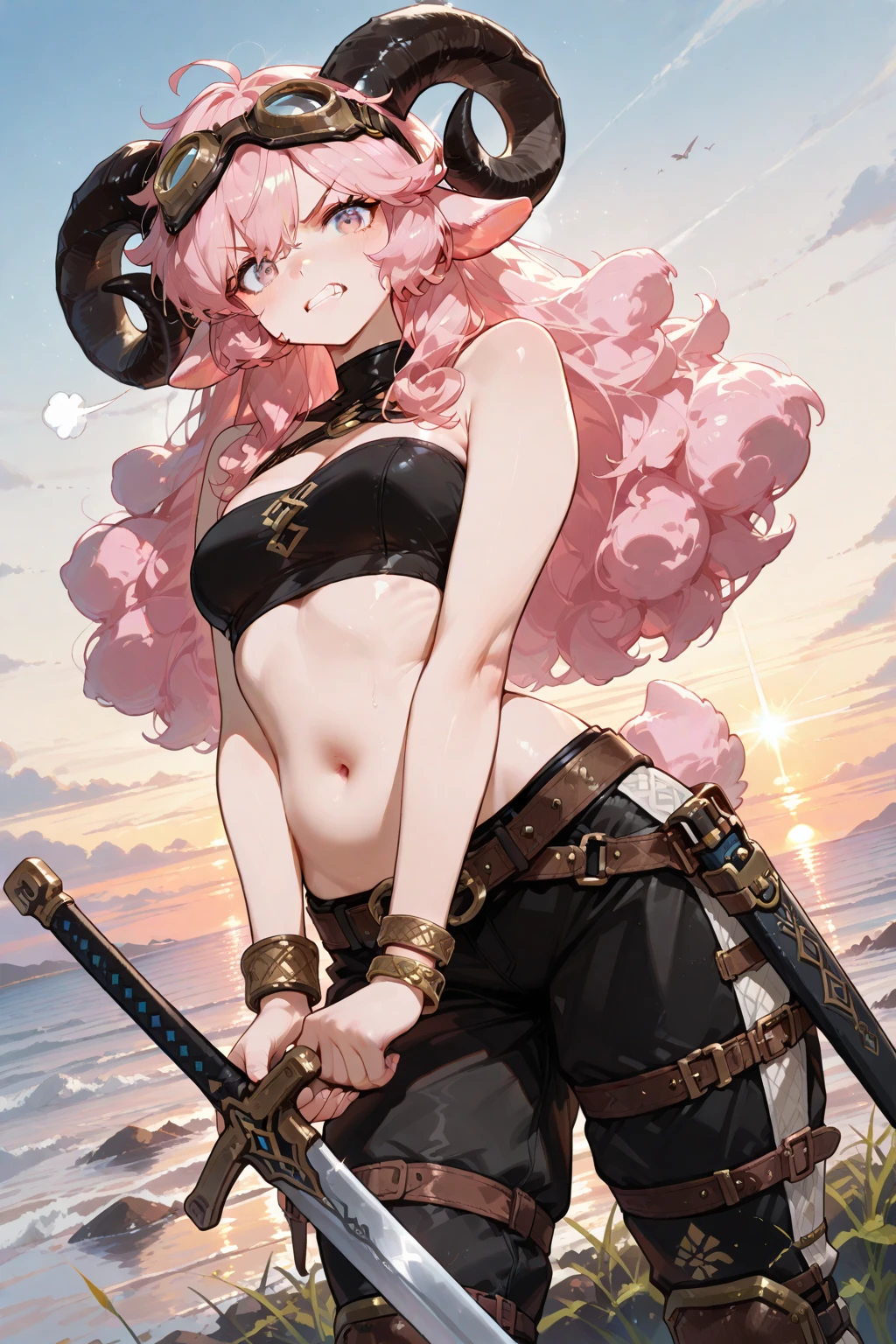 Vibrant, high-definition anime-style illustration set on a tropical beach. The layout features a central female character, Narmaya, with long pink hair, partially covered by a hooded cloak adorned with brown horns. She has fair skin, large expressive blue eyes and pink pupils, and a small blue butterfly hair clip. One eye is covered by her hair. The character is wearing a revealing black bikini with gold accents, and her hands are holding the edges of her cloak. The background showcases a pristine beach with white sand, lush green foliage, and tall palm trees. The clear blue sky and turquoise ocean complete the idyllic setting, with distant islands visible on the horizon. Narmaya and her attire are meticulously detailed. The intense effort put into shading brings this image to a realistic style. (masterpiece), best quality, expressive eyes, perfect face, suggestive pose, purple and pink background, seductive, fantasy, 8k, absurdres, narmaya, pink hair, blue eye with pink pupil, hair over eye, draph, horns, butterfly hair clip, black bikini, hood, defined hands, perfect hands, perfect fingers, life-like, realistic, semi-realistic, realistic shading, realistic lighting, modern anime,