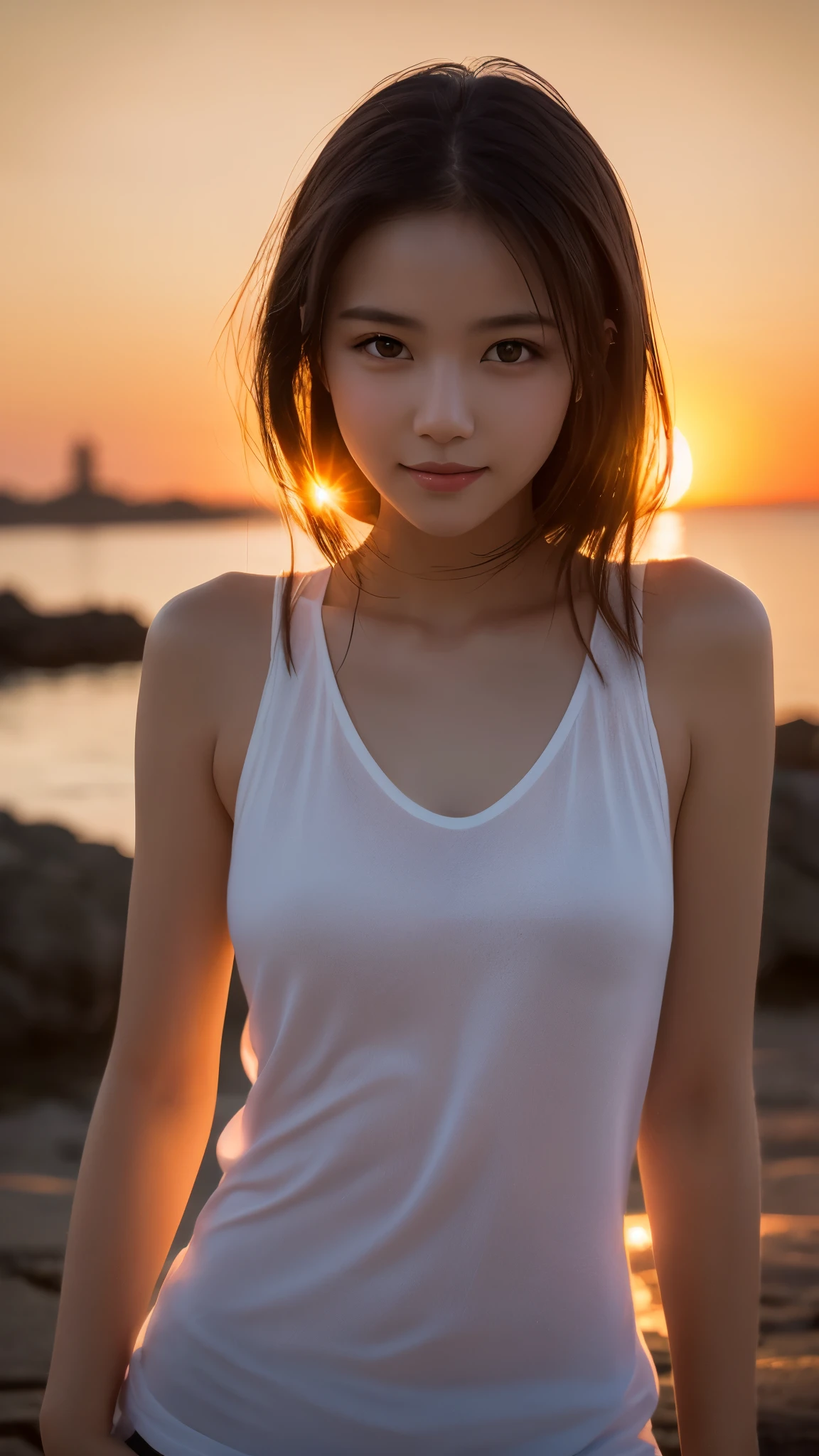 8K, RAW Photo, Best Quality, Masterpiece, Realistic, PhotoRealistic, Extremely Detailed 8K Wallpaper, Beautifully Detailed Eyes, Finely Detailed Face, 
 BREAK 
Strong Backlighting, [Cinematic Lighting], Rim Lighting, 
 BREAK 
End of Summer, (Seascape Reflectioning Background), Sandy Beach, Light Purple Dusk
 BREAK 
Perfectly Anatomically Correct:1.3, 5 Beautiful Thin Finger:1.4, 
 BREAK 
1 Girl, (Very Short Ponytail Hair), Kawaii, Japanese, [Captivating Eye Reflections, Wide-Set Eyes, Big Eyes, Almond-Shaped Eyes, tareme, Double Eyelids, Eye Bags, White Skinned, Blush, Embarrassed, 17-Year-Old, 
Round Face, Chiseled Face, Round Chin, Thin Lips, Small Nose, Oval-shaped Face, 
(Wet Hair), Brown Hair, Open Mouse, [Pouted Cheek]], 
Skindantation, 
(Showing off Buttocks, Medium ASS Upturned, Beautiful Spherical Shape Buttocks, [Upward Facing Medium Breasts]), 
Looking Back Viewer, Looking Down Viewer, 
Accurate Breasts Line Silhouette:1.4, 
(Wearing SHIMAMURA Loose Mesh Top with Waist Length + SHIMAMURA Very Short Shorts), 
 BREAK 
Body Focus, Dynamic Angle, [from Right Side:1.1, from Behind:1.1, from Bellow:1.5], Feet Out of Frame, (Soft Saturation, Soft Contrast), Bokeh:1.0