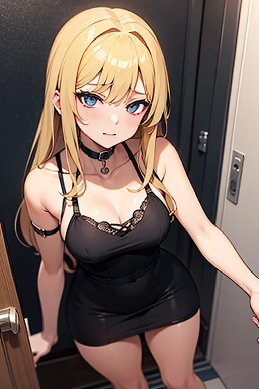 anime - style illustration of a woman in lingerie with a cell phone, lineart by Shitao, pixiv, rococo, 2b, 2 b, [ 4 k digital art ]!!, , seductive anime girl, from girls frontline, commission for high res, fine details. girls frontline, thicc,  in dress, blonde hair, long hair with pony tail, hair ornament,