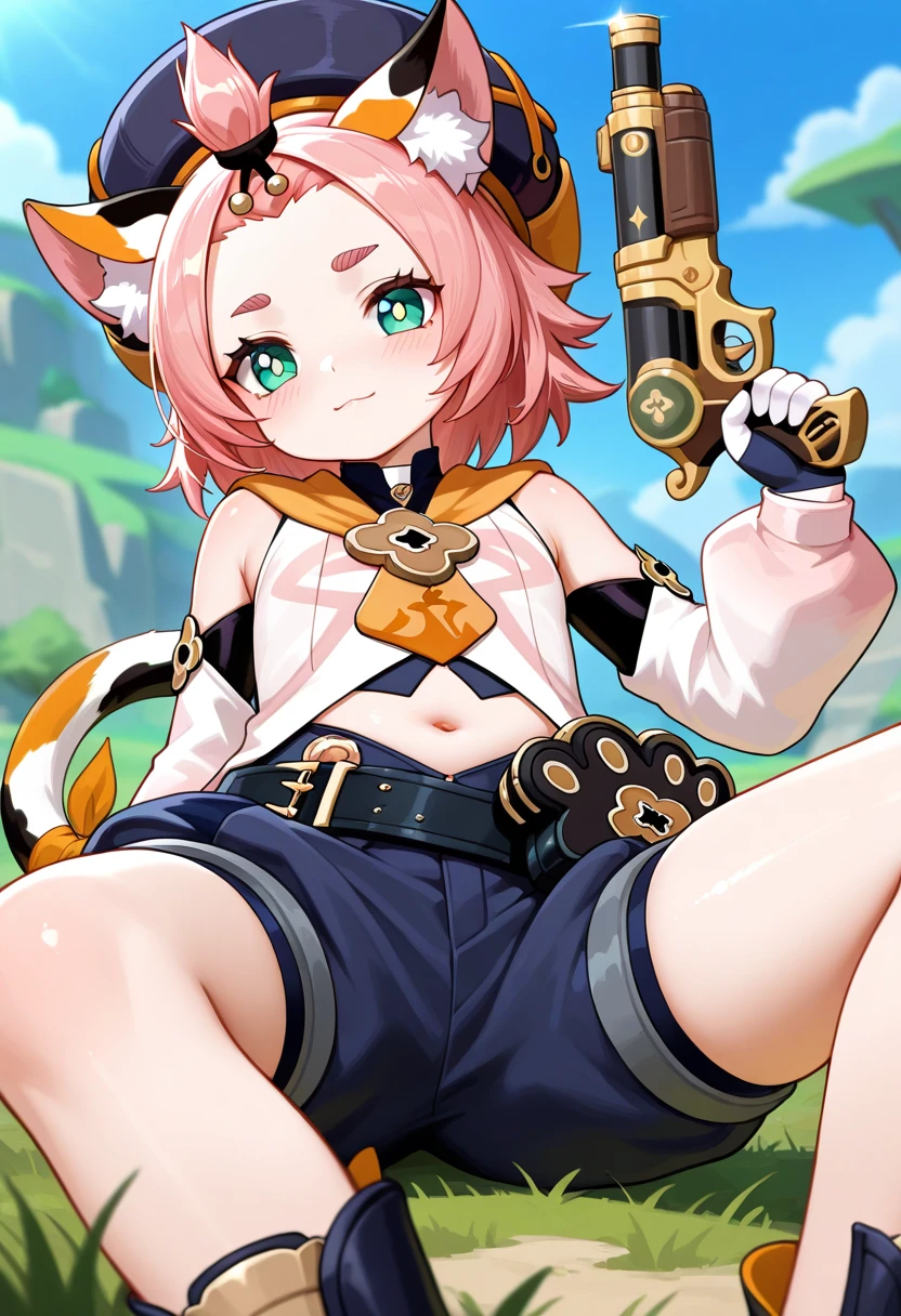 nude, catgirl, flat chest, sunbathing, s old, loli, ode, tail, stretching, detached sleeves, hat
