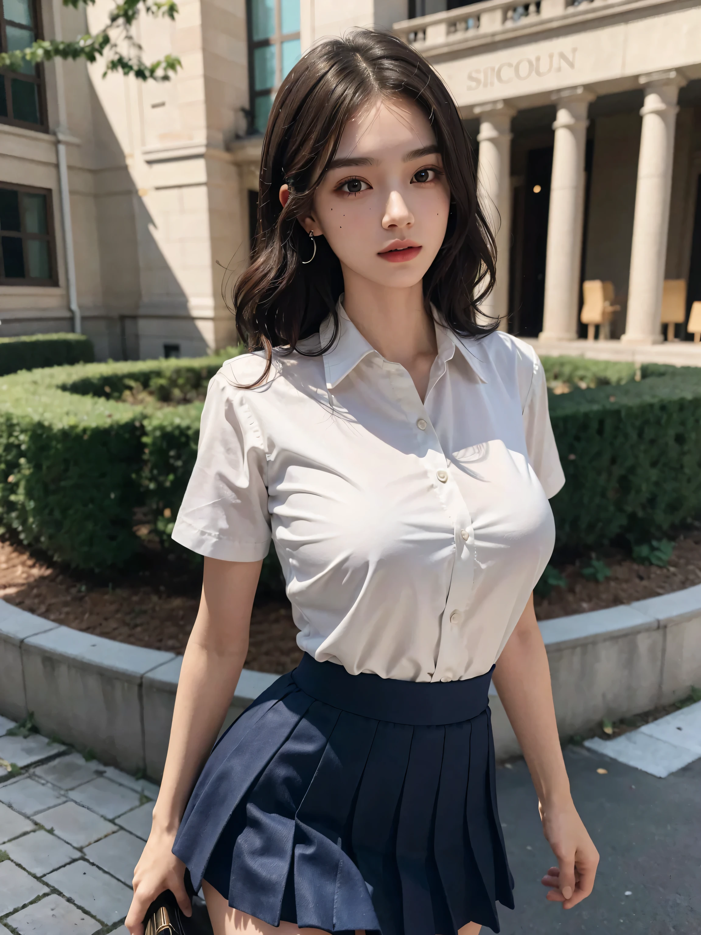 absurdres, RAW photo, extremely delicate and beautiful, masterpiece, Best Quality, ultra high resolution, 16k, hyperrealistic, ultra-detailed, perfect anatomy, super Detailed skin, perfect figure, Very detailed CG 8k wallpaper, in her 20s, very Slim body, narrow waist, very small head, very small face, delicate facial features, tearful mole, earring, thin legs, (very huge round breasts), ((full body shot)), short hair, (wavy hair), light brown hair, 1 girls, ((sweat)), (((school uniform))),