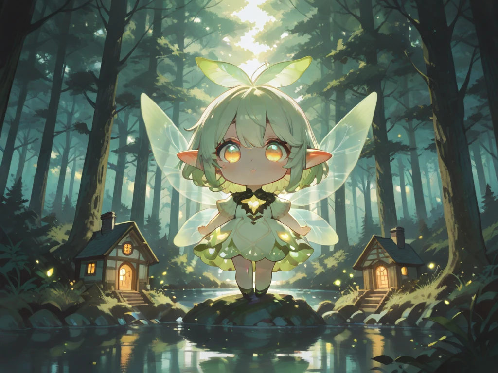 ((solo)), (((chibi))), amazing masterpiece, top quality, high fashion, absurdres extremely, close up, HDR, intricate details, very cute face, vivid colors, commentary, little fairy girl, light green dress, big eyes, glowing Fluorescent feather, A small and cute house, beautiful forest, lake