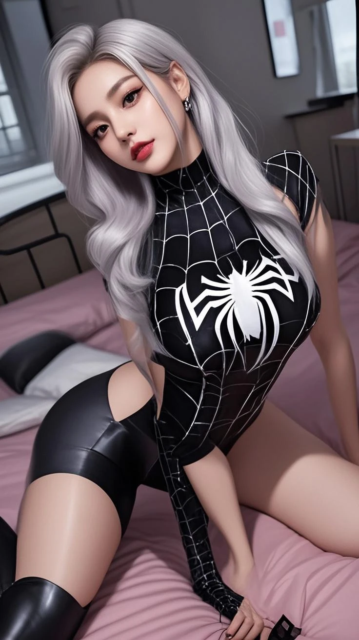(Best quality, ((masterpiece)), 8k, raw, ((a hot chickyoung girl)), ((detailed face)), (good anatomy), detailed eyes, detailed face, (((black latex with Garter Belts Sexy ))), (((good anatomy))), (big tits), (PUSH UP TITS), (((WEARING A BLACK spiderman mask))), (tits on focus), ((wearing high heels)), ((venom outfit)), batman, (diablo), (((black underground style background))), (((blood flows on the ground))),(((long white hair))), (((it is photographed from side and back))), ((she looks up)), ((her costume are very torn in several places)), (((platform high heels))), carbon corset, (sitting on a chair), (((crossed legs))), ((((erotic model pose))), full erotic picture, (((crossed long legs)))